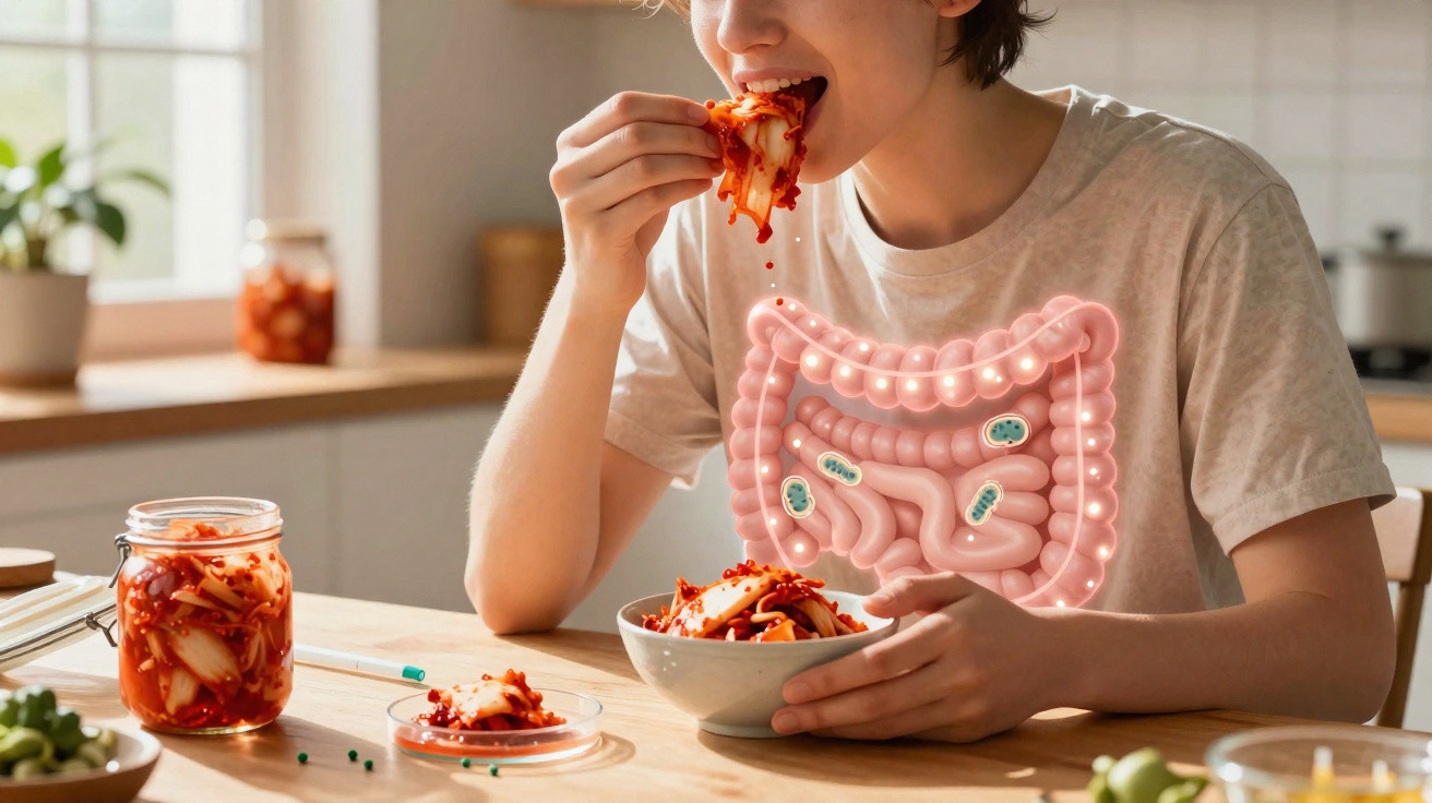Pessoa a comer kimchi com ilustração do intestino e bactérias a representar a saúde digestiva.