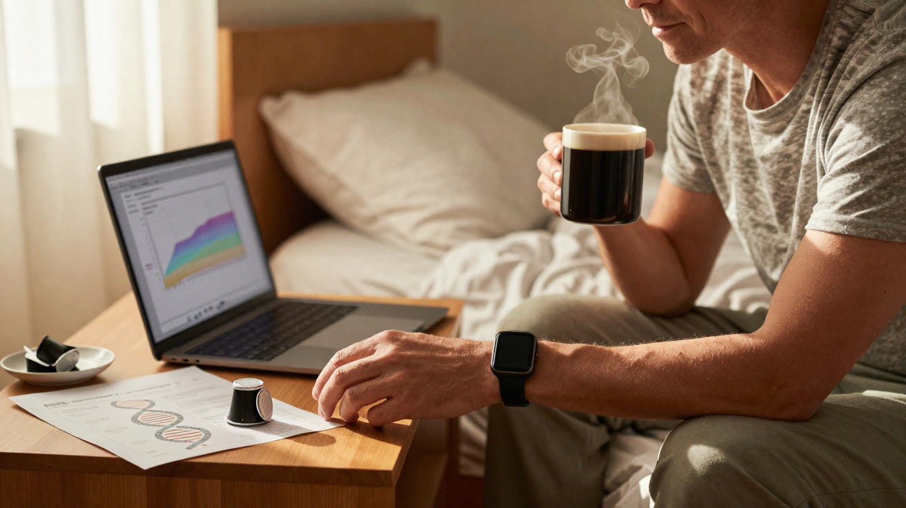 Homem sentado na cama a beber café quente e a analisar gráficos no portátil sobre uma mesa de cabeceira.
