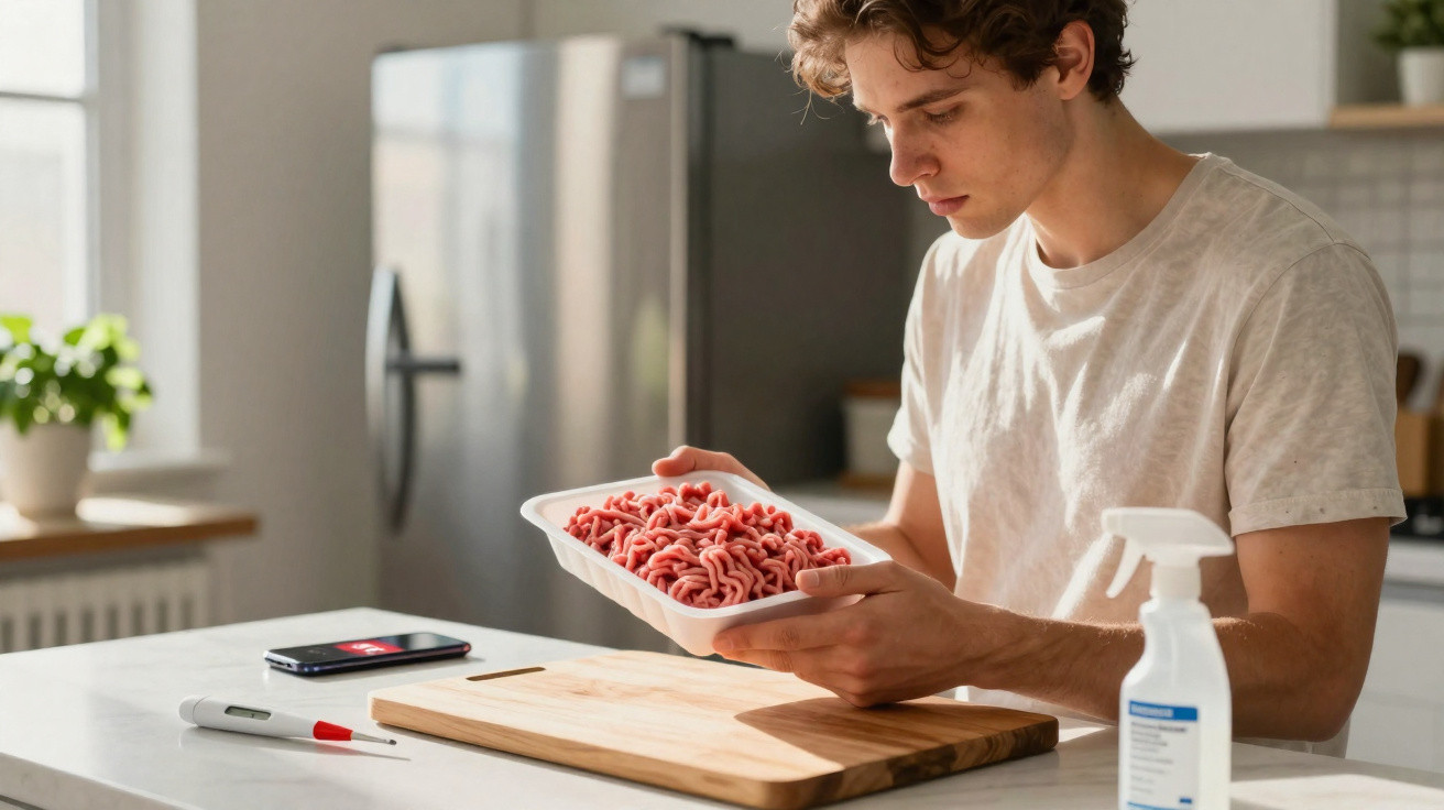 Jovem examina embalagem com carne picada na cozinha, enquanto um termómetro digital e spray desinfetante estão na bancada.