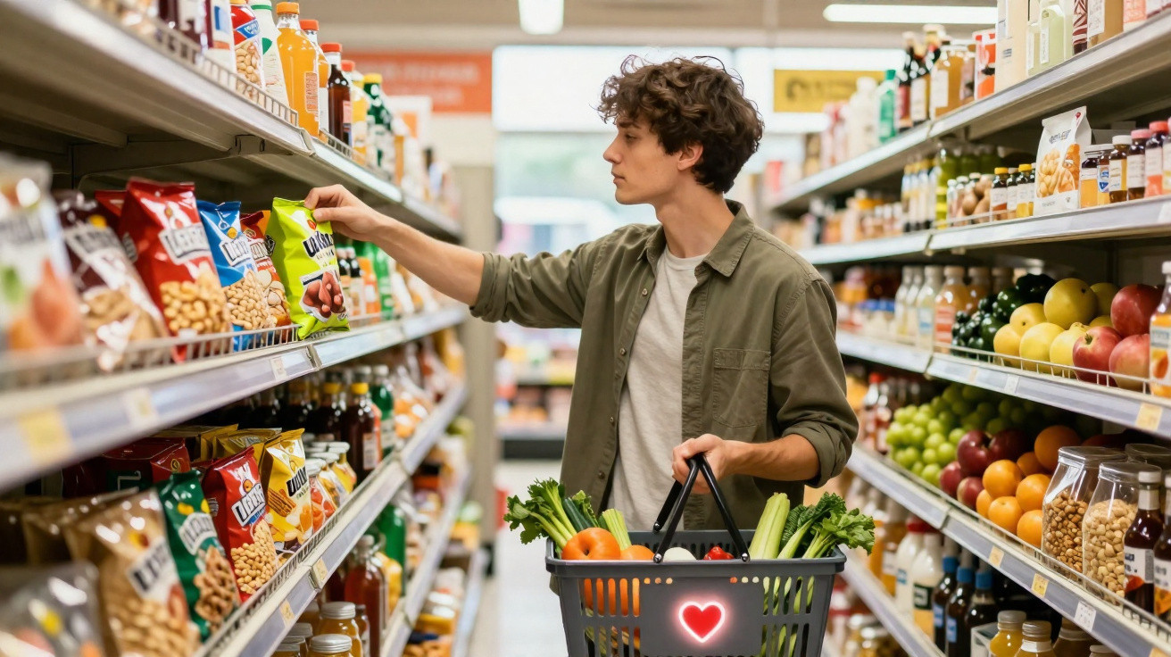 Jovem a escolher aperitivos numa prateleira enquanto segura um carrinho com legumes num supermercado.