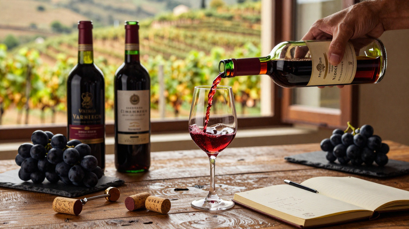 Vinho tinto a ser servido numa taça, rodeado de uvas, duas garrafas de vinho e um caderno aberto numa mesa de madeira.