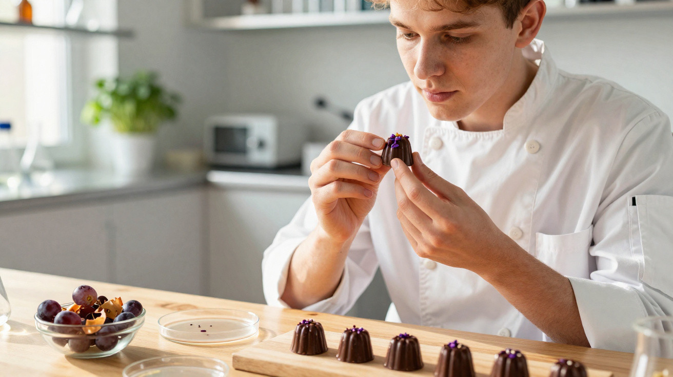 Chef a examinar e decorar chocolates artesanais numa cozinha moderna bem iluminada.