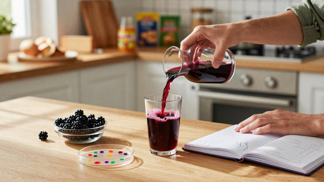 Pessoa a verter sumo de amoras para copo numa cozinha, com amoras e caderno na mesa.
