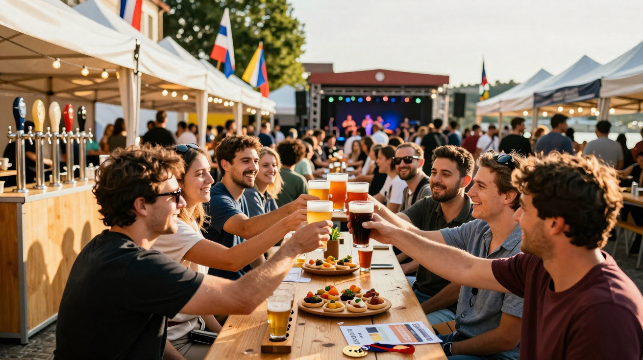 Grupo de amigos a brindar com cervejas num festival ao ar livre com comida e música ao fundo.