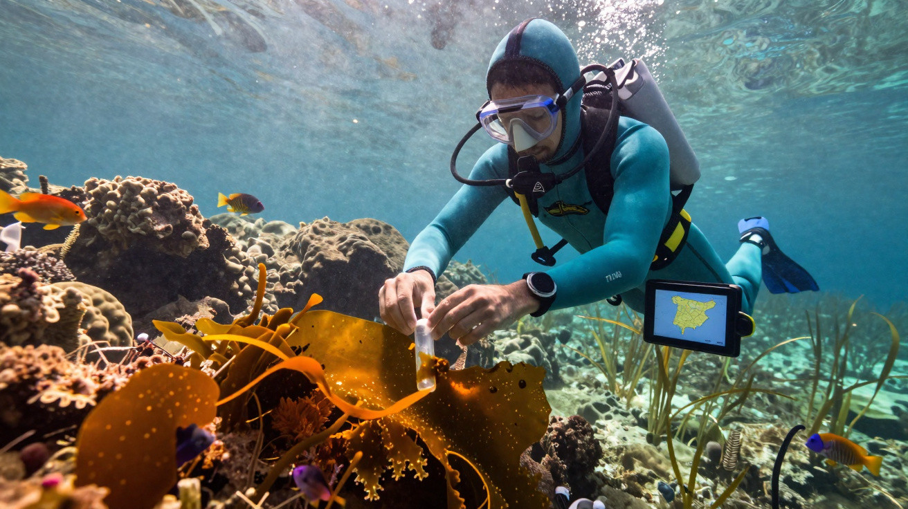 Mergulhador a recolher amostras marinhas em recife colorido com peixes tropicais.