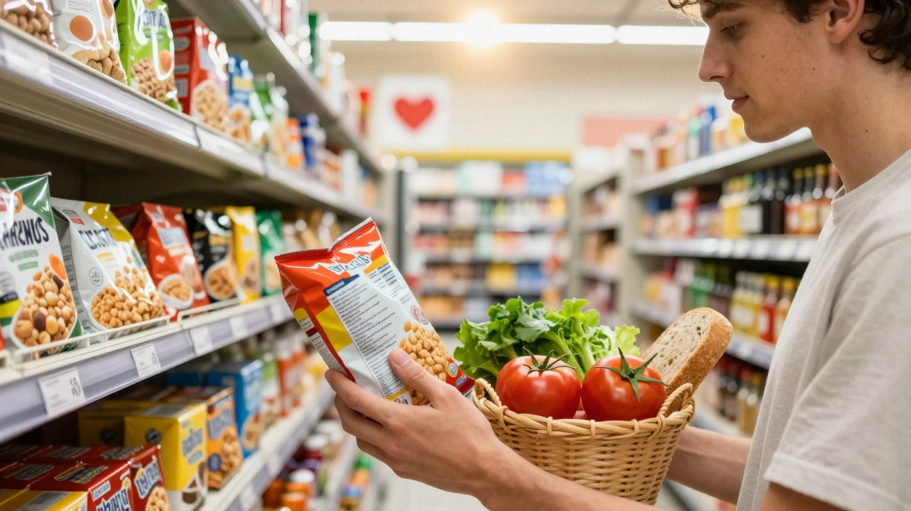Homem a segurar uma cesta com legumes e pão enquanto lê o rótulo de um pacote numa prateleira de supermercado.