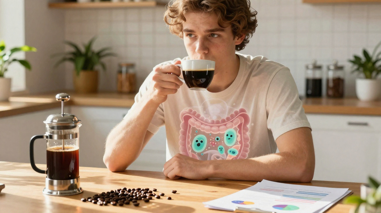 Jovem a beber café num ambiente doméstico com ilustração do sistema digestivo e microbiota intestinal.