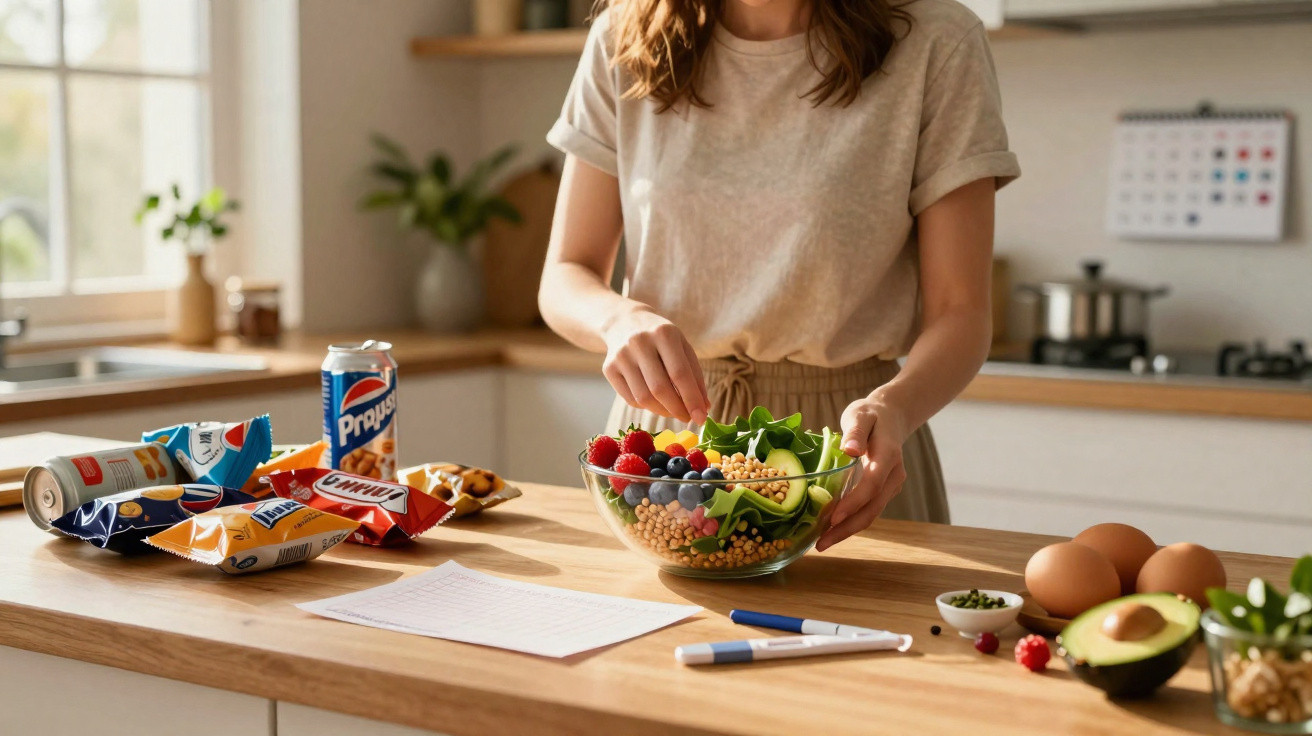 Pessoa a preparar salada fresca com vegetais e frutos vermelhos numa cozinha moderna.