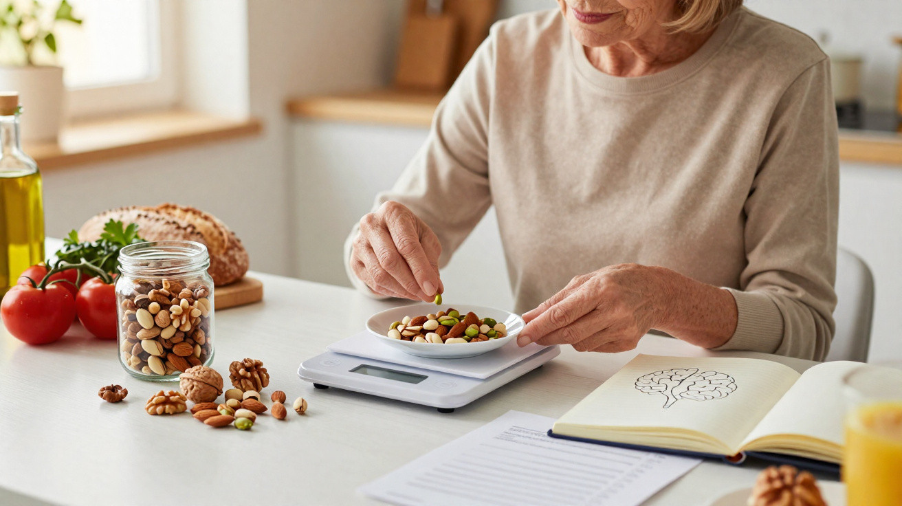 Pessoa idosa a pesar frutos secos numa balança digital, com legumes e livro aberto numa mesa iluminada.