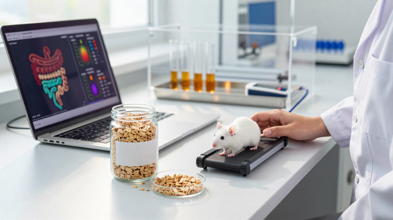 Laboratório com rato branco em dispositivo, frasco de sementes e computador com imagem do sistema digestivo.