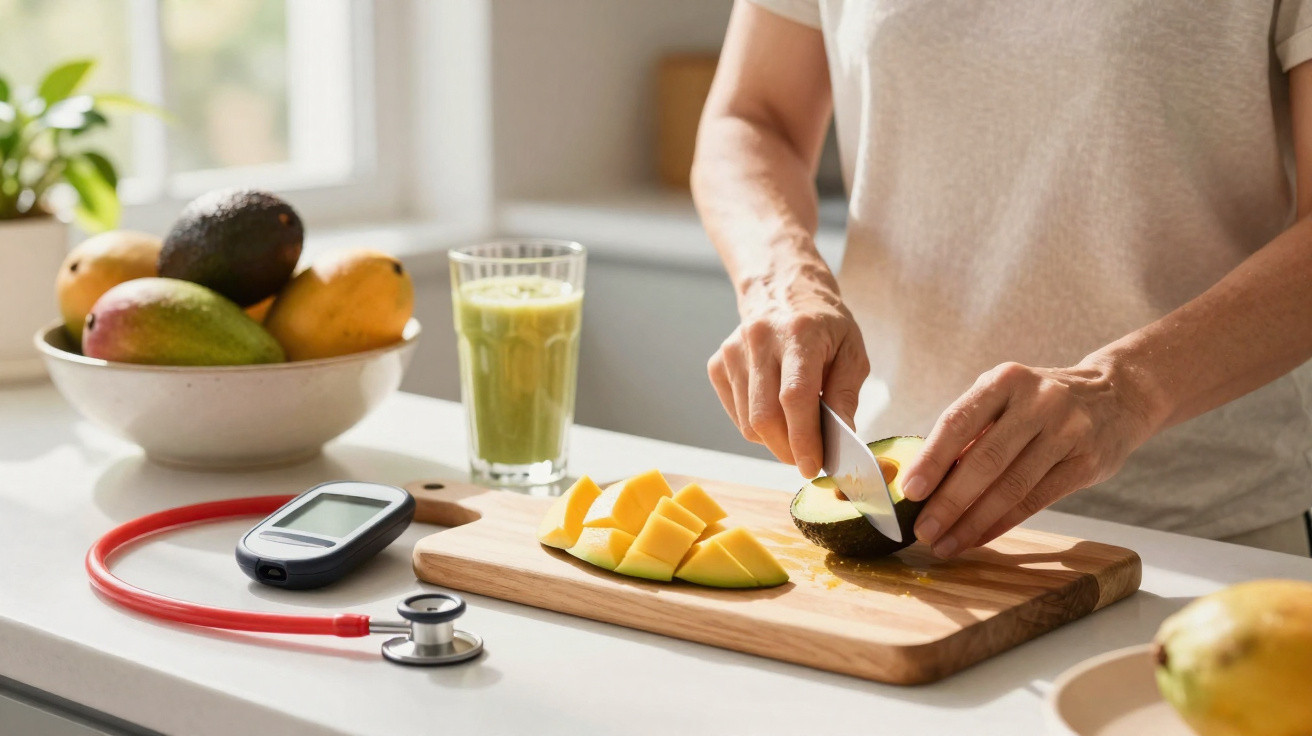Pessoa a cortar abacate numa tábua de madeira, com medidor de glicose e smoothie verde na bancada.