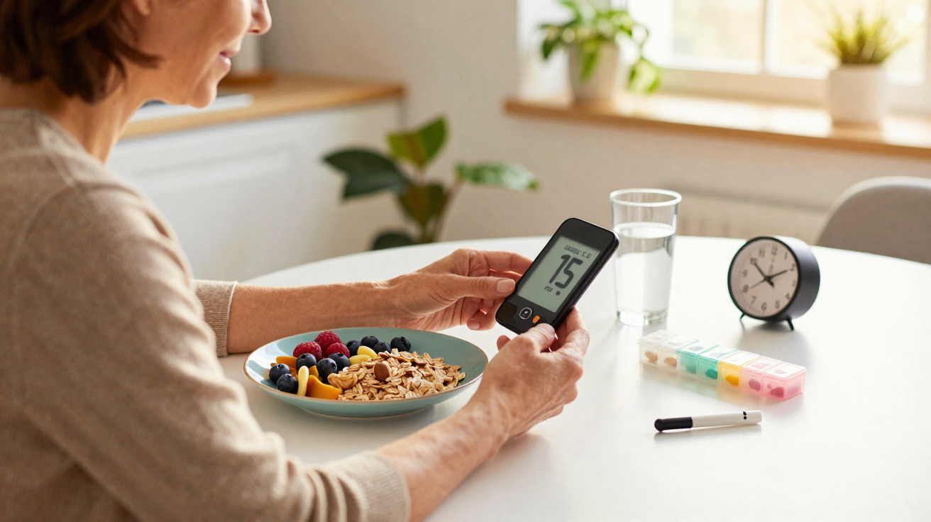 Pessoa a medir o nível de glicose no sangue com dispositivo digital enquanto toma pequeno-almoço saudável.