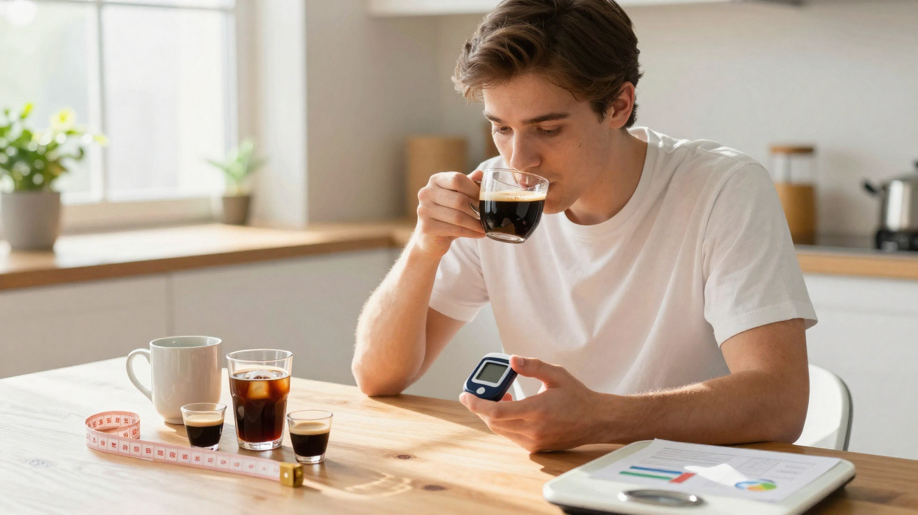 Homem com camiseta branca sentado a beber café e a medir a glicose, com fita métrica e bebidas na mesa.