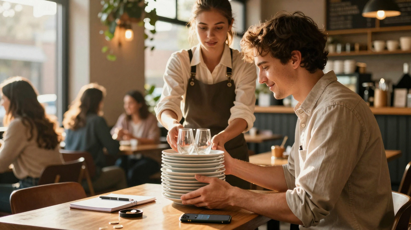 Garçom a entregar pratos empilhados e copos num restaurante com clientes ao fundo.