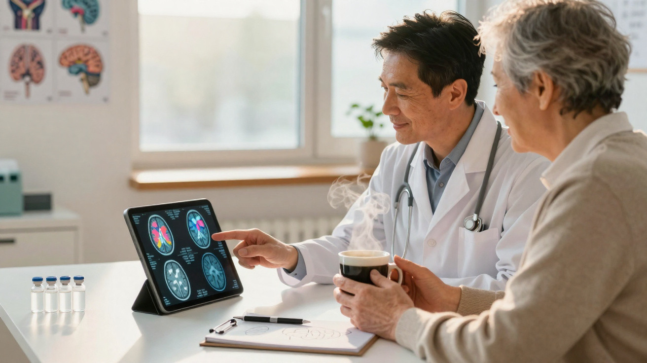 Médico a explicar exames cerebrais num tablet a idosa que segura uma chávena de chá quente.