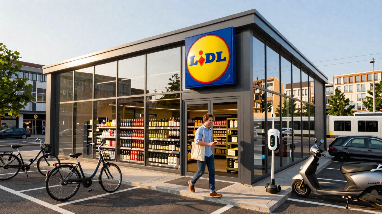 Entrada de supermercado Lidl com vitrines de vidro, bicicletas estacionadas e uma pessoa a caminhar.