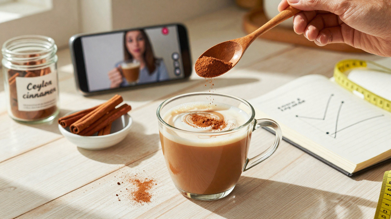 Pessoa a polvilhar canela em pó numa chávena de chá com leite, enquanto segue uma receita num vídeo no telemóvel.