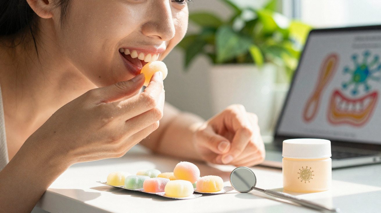 Pessoa a levar um doce gelatinoso colorido à boca, com tablet e utensílio dental numa mesa iluminada.