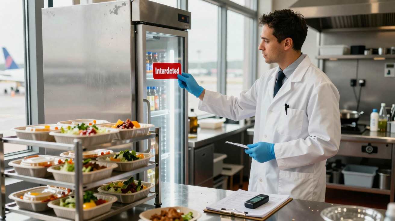 Cientista com bata branca e luvas azuis verifica alimentos numa cozinha industrial com sinal de "interditado".