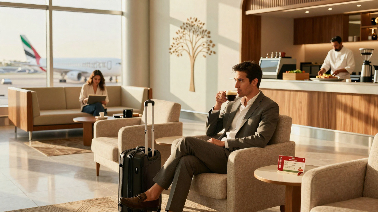 Homem de fato sentado numa sala de espera de aeroporto a beber café, com mala ao lado e mulher ao fundo.