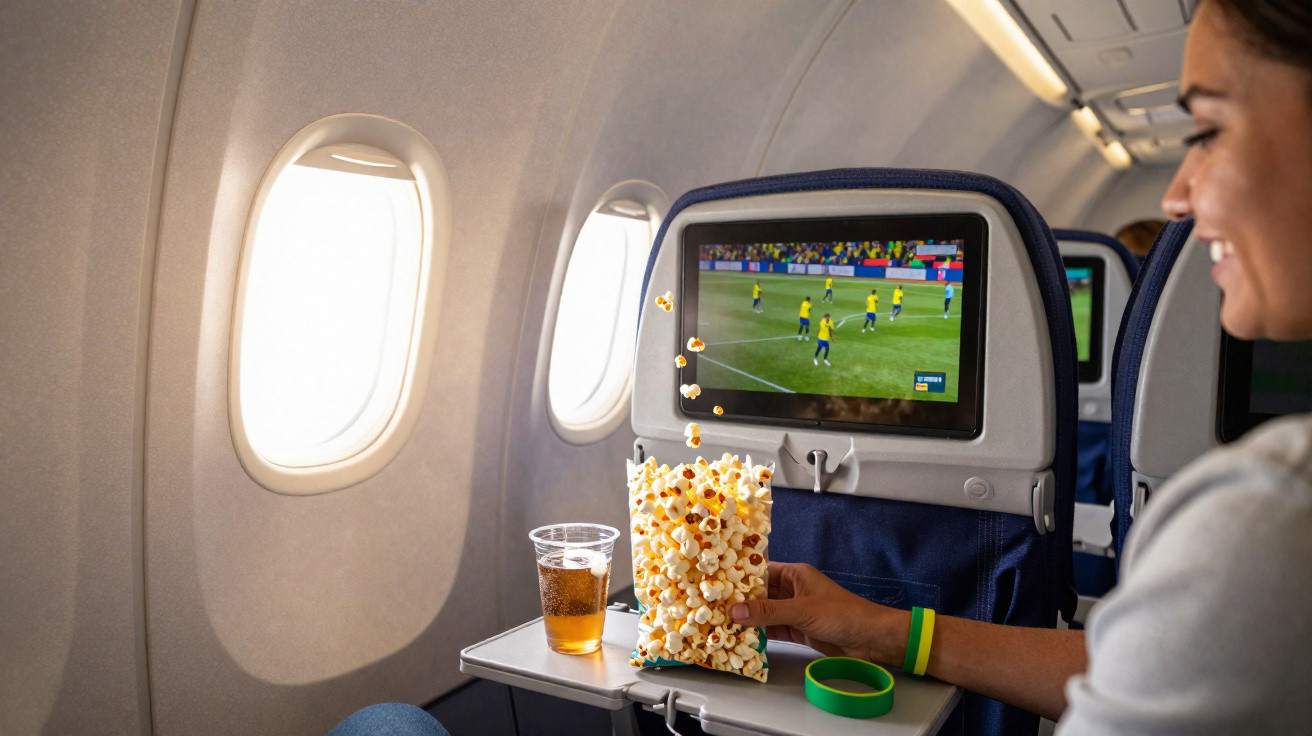 Passageira sorri enquanto come pipocas e assiste a jogo de futebol no ecrã do avião.