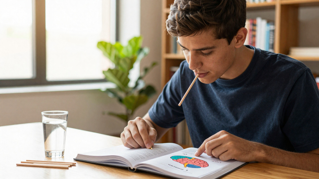 Jovem a estudar um livro sobre o cérebro numa mesa com copo de água e lápis ao lado.