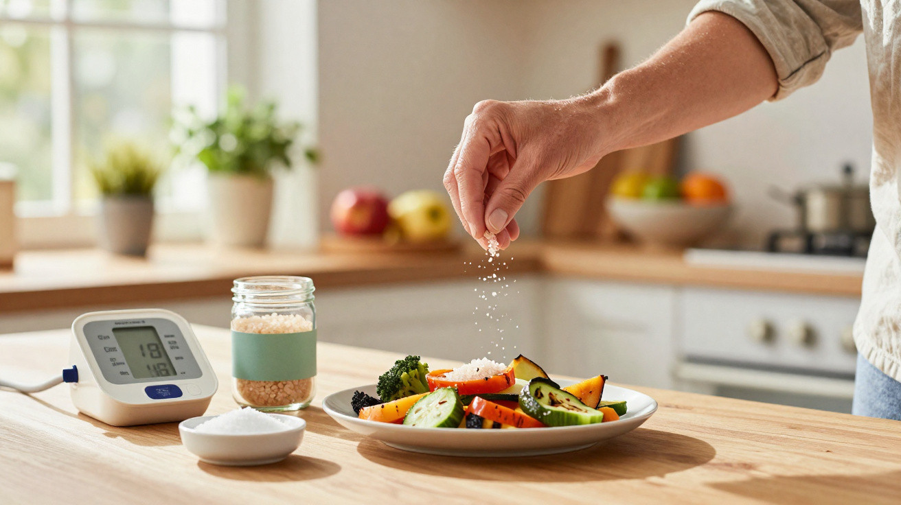 Pessoa a temperar salada de legumes numa cozinha com aparelho de medição de tensão arterial na bancada.