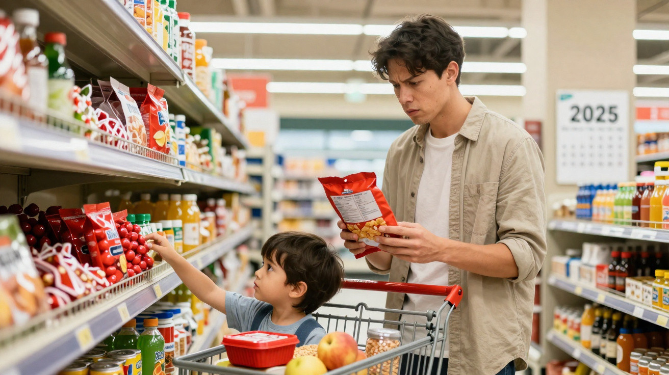 Pai e filho a escolher produtos numa prateleira de supermercado, com carrinho de compras cheio de frutas e alimentos.