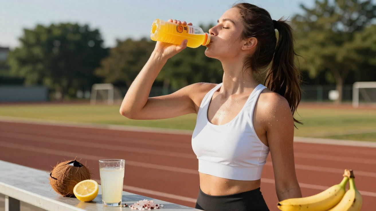Mulher desportista a beber bebida laranja numa garrafa, em pista de atletismo, com frutas e vidro sobre mesa.