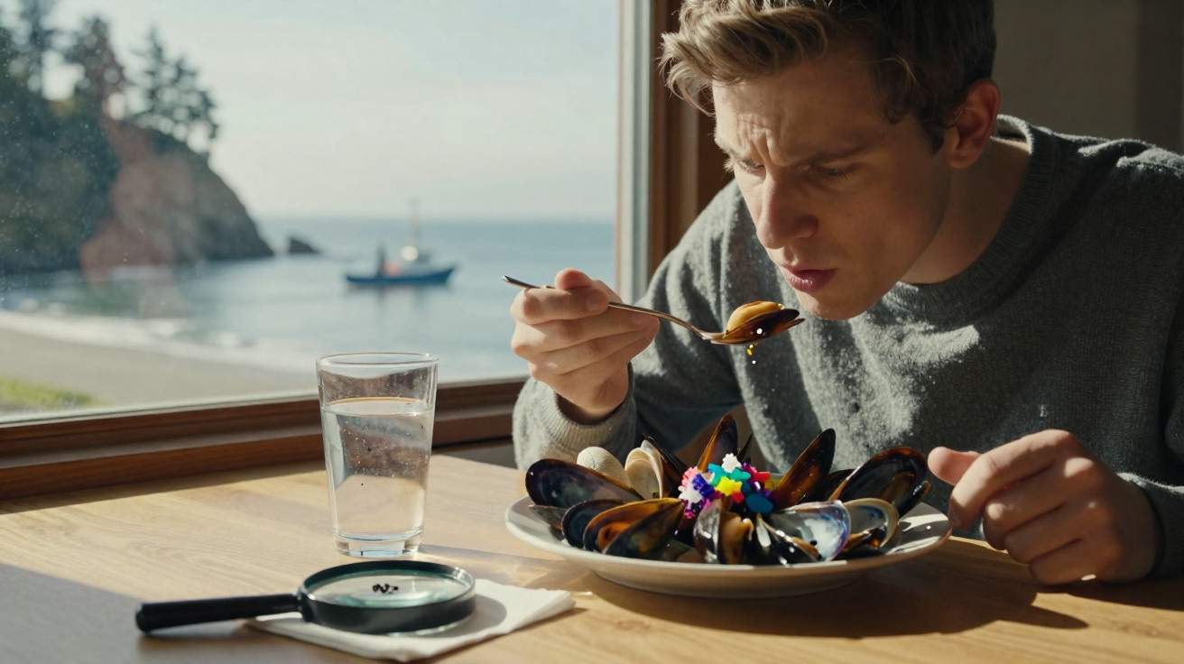 Homem a comer mexilhões numa mesa junto a uma janela com vista para o mar e um barco ao fundo.
