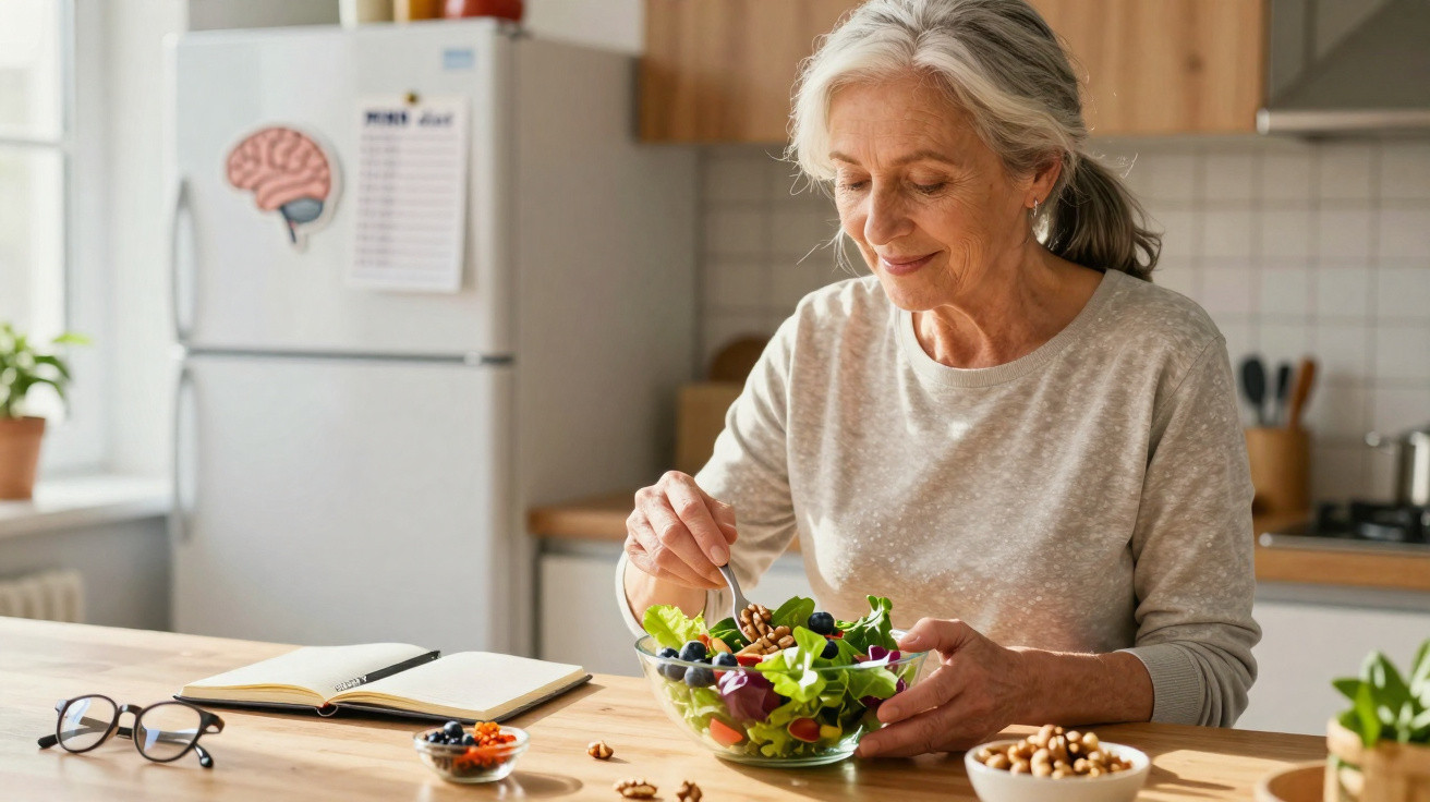 Mulher sénior a comer salada saudável sentada à mesa de cozinha luminosa e arejada.