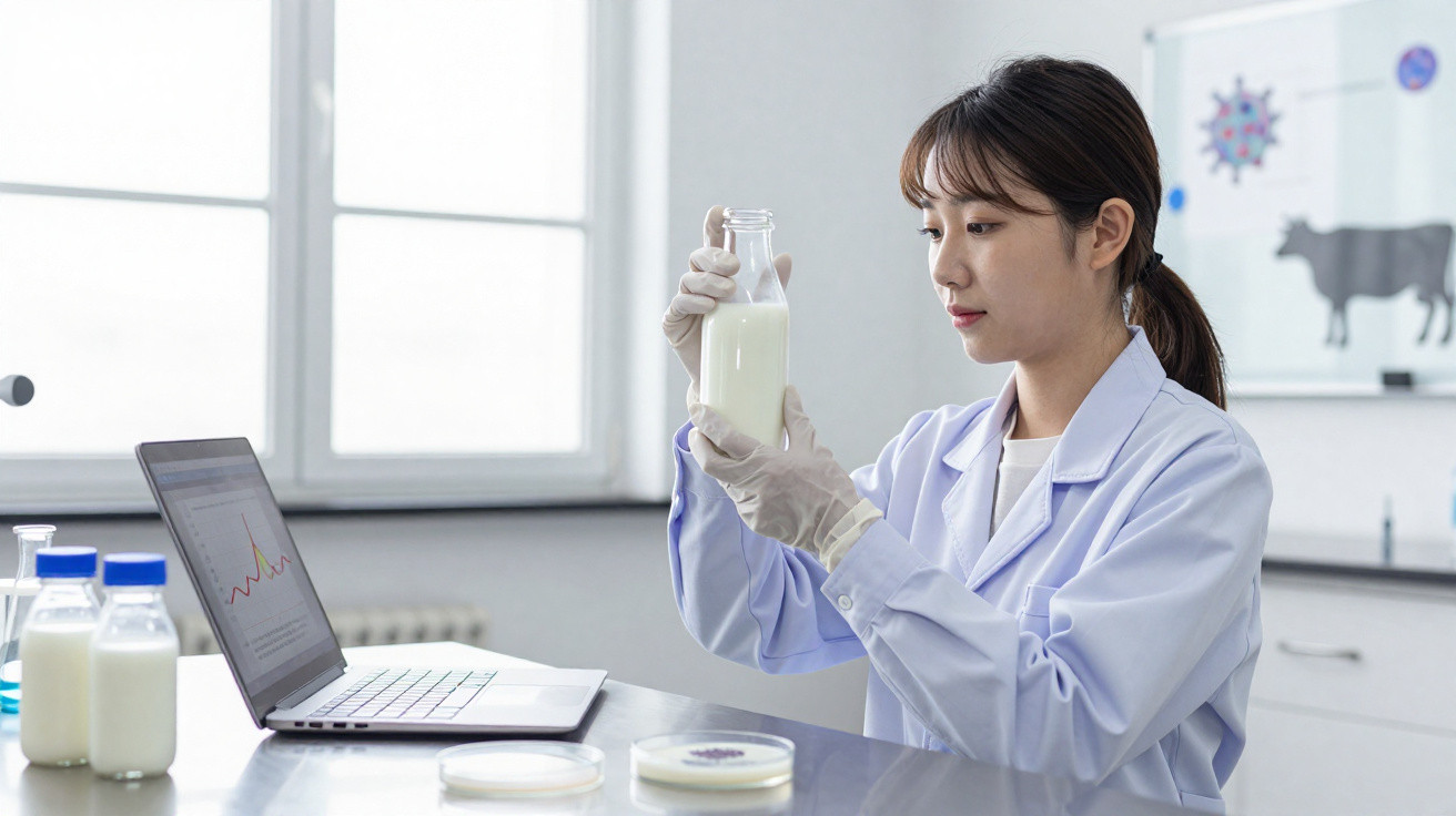 Cientista em laboratório a analisar uma garrafa de leite segurando com luvas, com computador e placas de Petri na mesa.