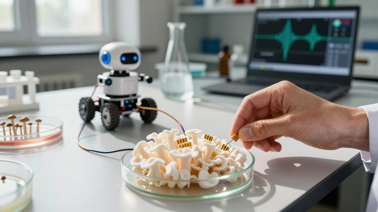 Mão humana ligando sensores a modelo de cérebro em petri com robô e laboratório ao fundo.