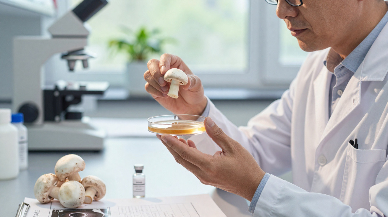 Cientista em laboratório a analisar cogumelo com placa de Petri e microscópio ao fundo.