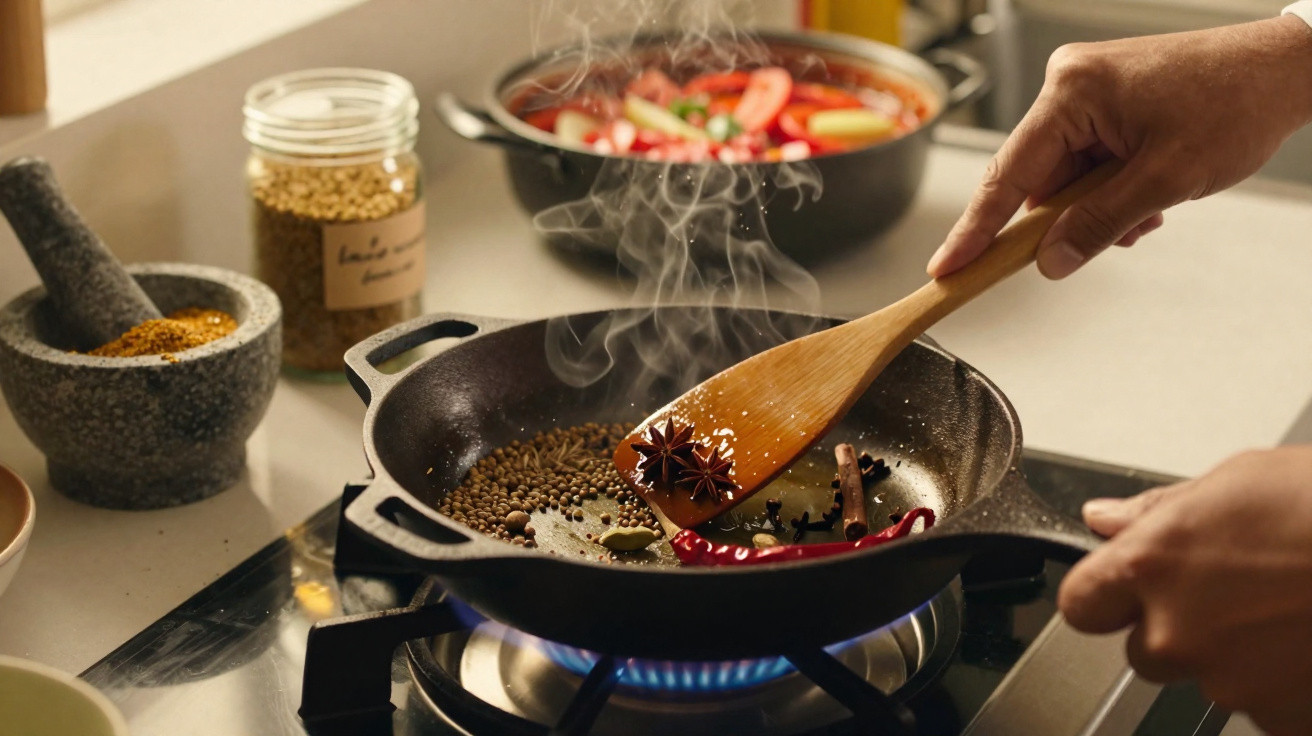 Mãos a mexer especiarias numa frigideira ao lume com vapor e ingredientes frescos na bancada de cozinha.