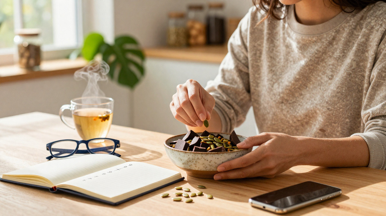 Pessoa a pegar sementes de abóbora numa taça com pedaços de chocolate ao lado de chá, óculos, agenda e telemóvel numa mesa.