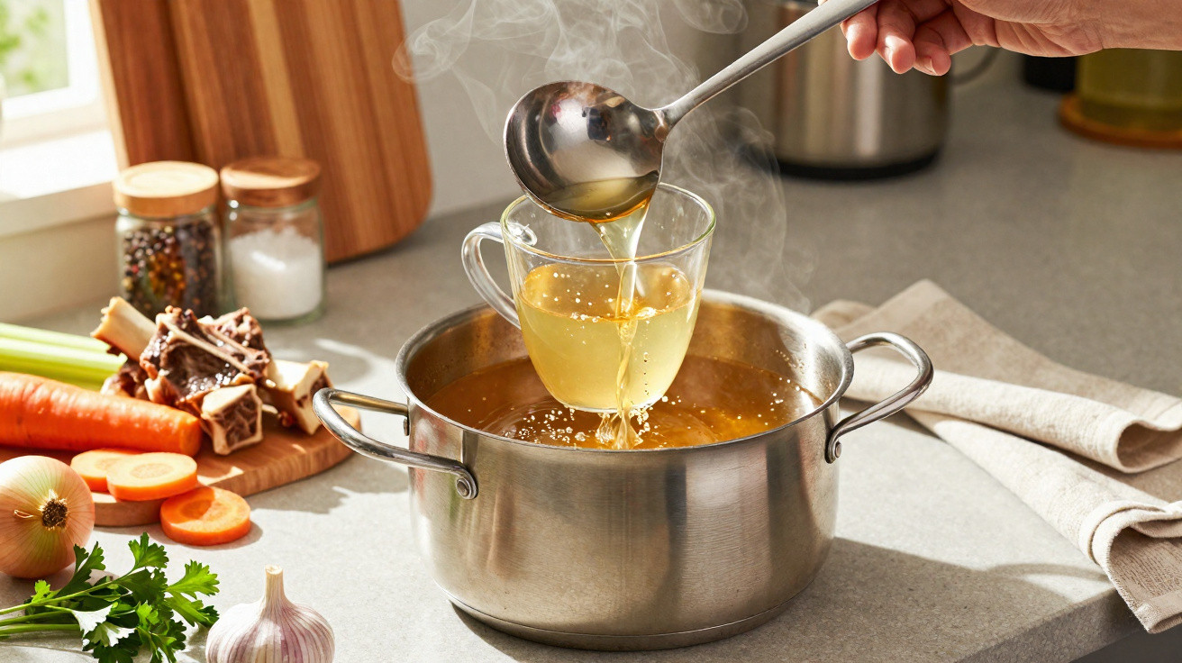 Mão a servir caldo quente de panela de inox para chávena de vidro numa cozinha com legumes e temperos.