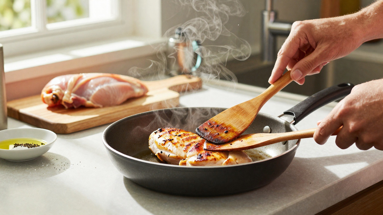 Frango a ser grelhado numa frigideira com espátulas de madeira numa cozinha iluminada.