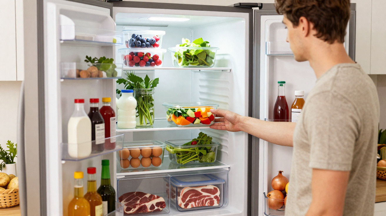 Homem a colocar recipiente com salada num frigorífico aberto cheio de frutas, legumes e carnes frescas.