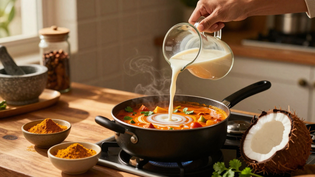 Mão a verter leite de coco numa panela com sopa de legumes a ferver numa cozinha iluminada.