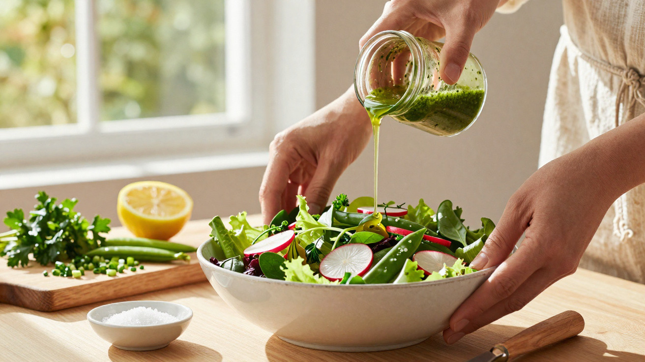 Pessoa a temperar salada fresca com molho verde numa taça branca, numa cozinha iluminada.