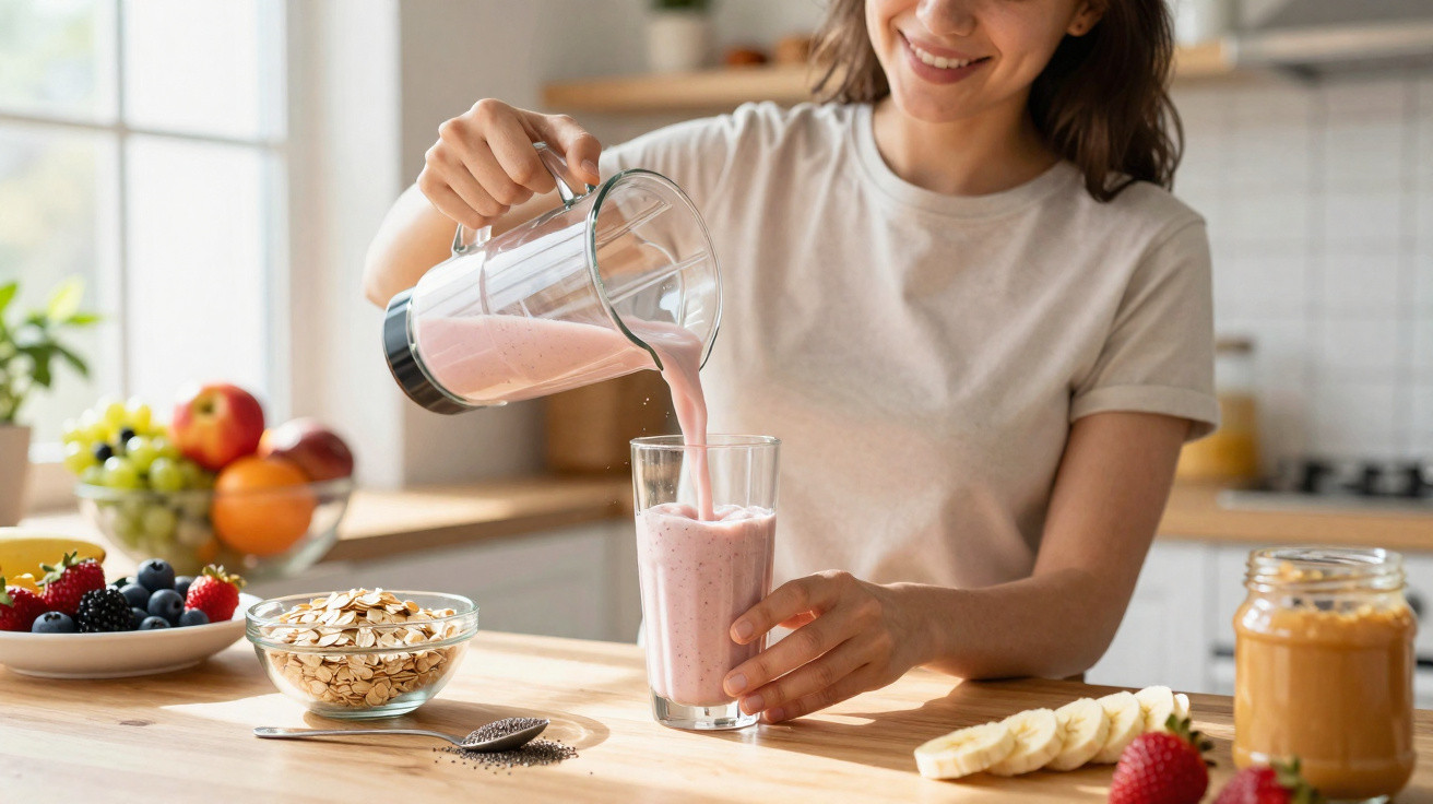 Mulher a verter batido rosa num copo numa cozinha com frutas e aveia sobre a mesa.