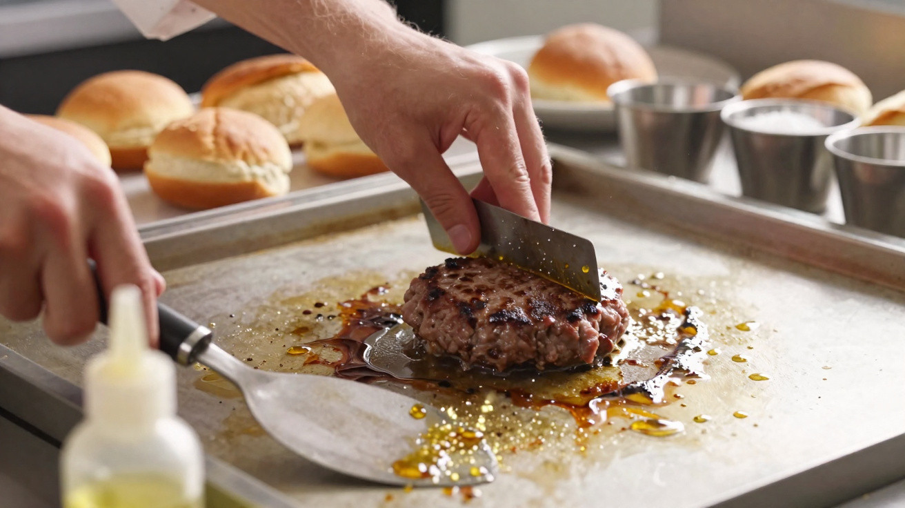 Mãos a cozinhar um hambúrguer na chapa com pães e recipientes metálicos ao fundo.