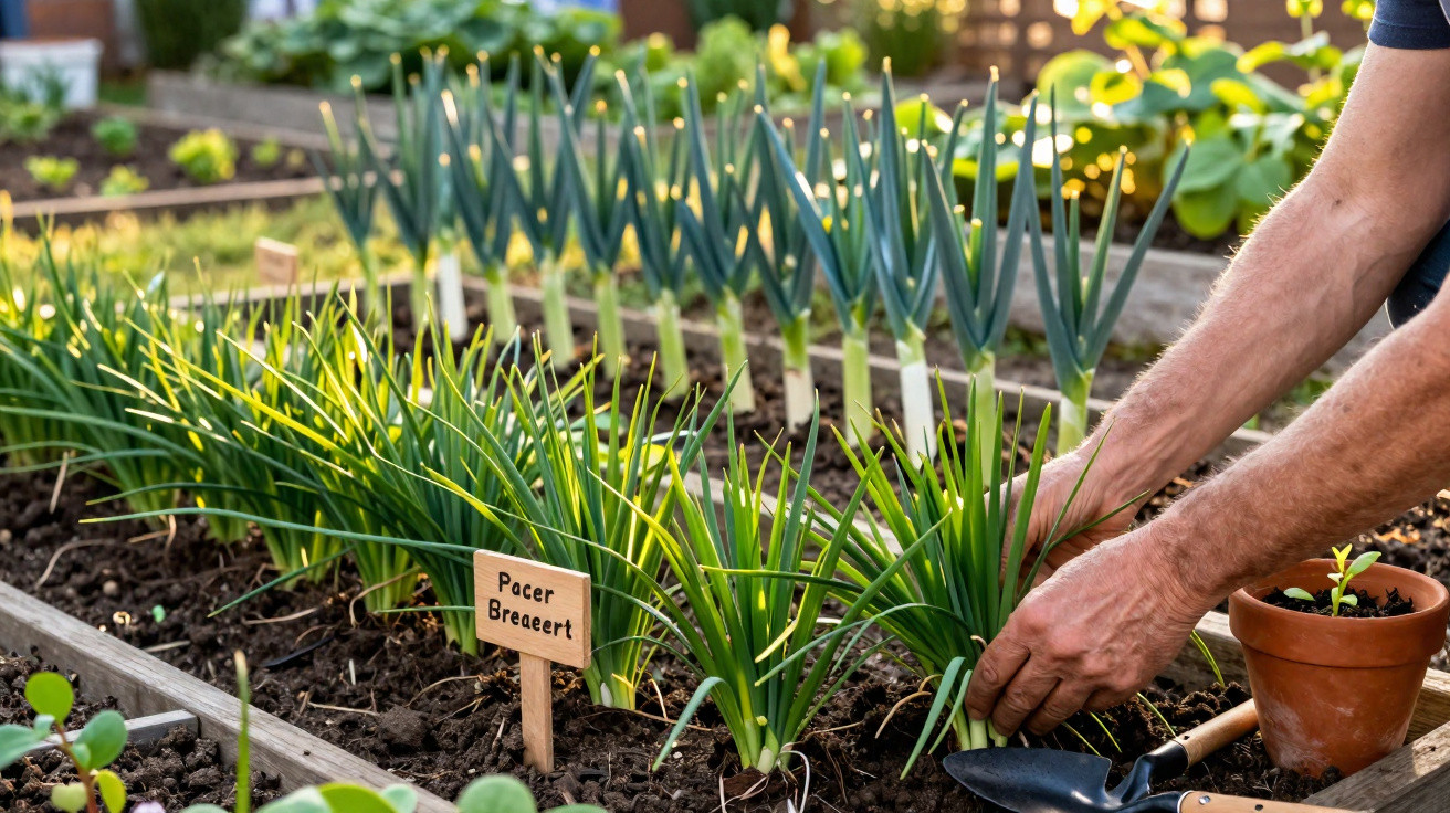 Pessoa a cuidar de plantas em canteiro de jardim com etiquetas identificadoras e ferramentas de jardinagem.
