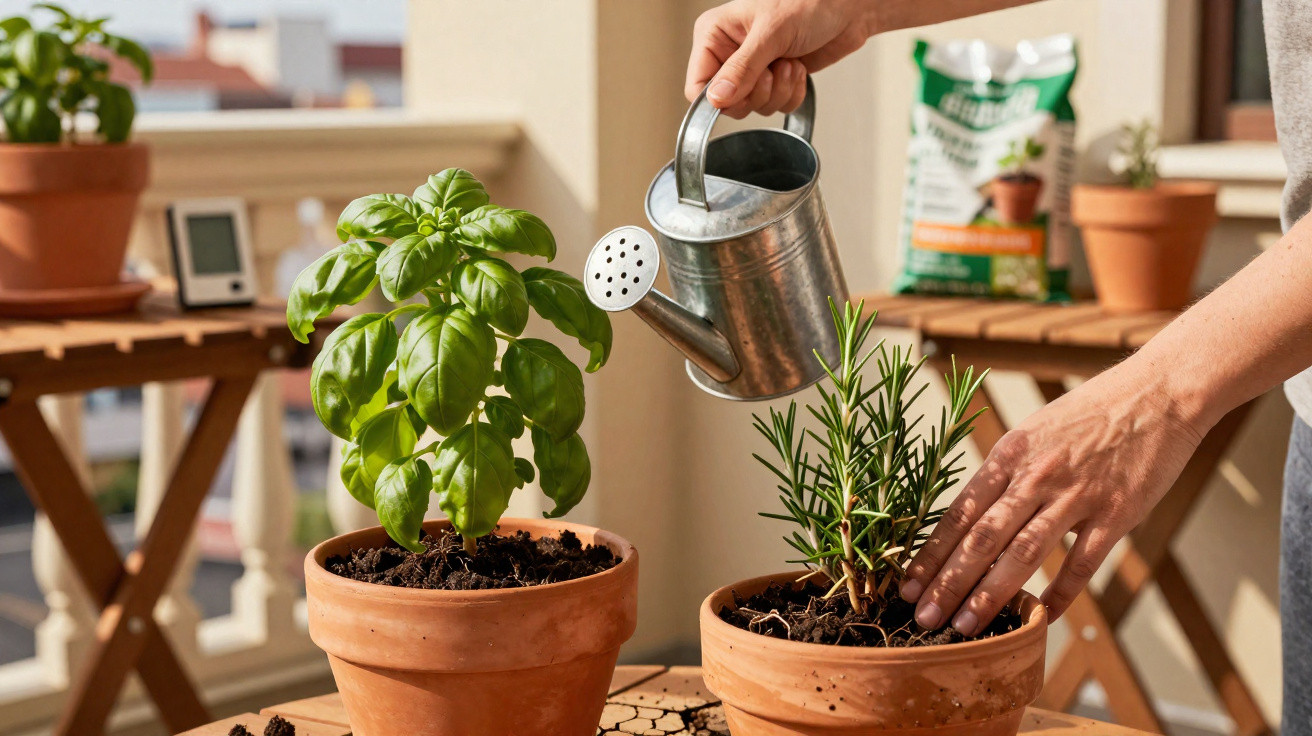 Pessoa a regar plantas aromáticas em vasos de barro numa varanda ensolarada.