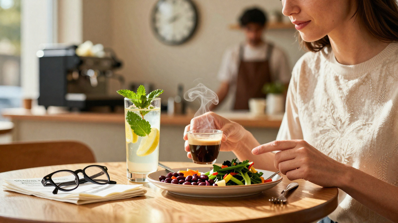 Mulher a apontar para prato com salada e fruta, segurando chávena de café quente num café moderno.
