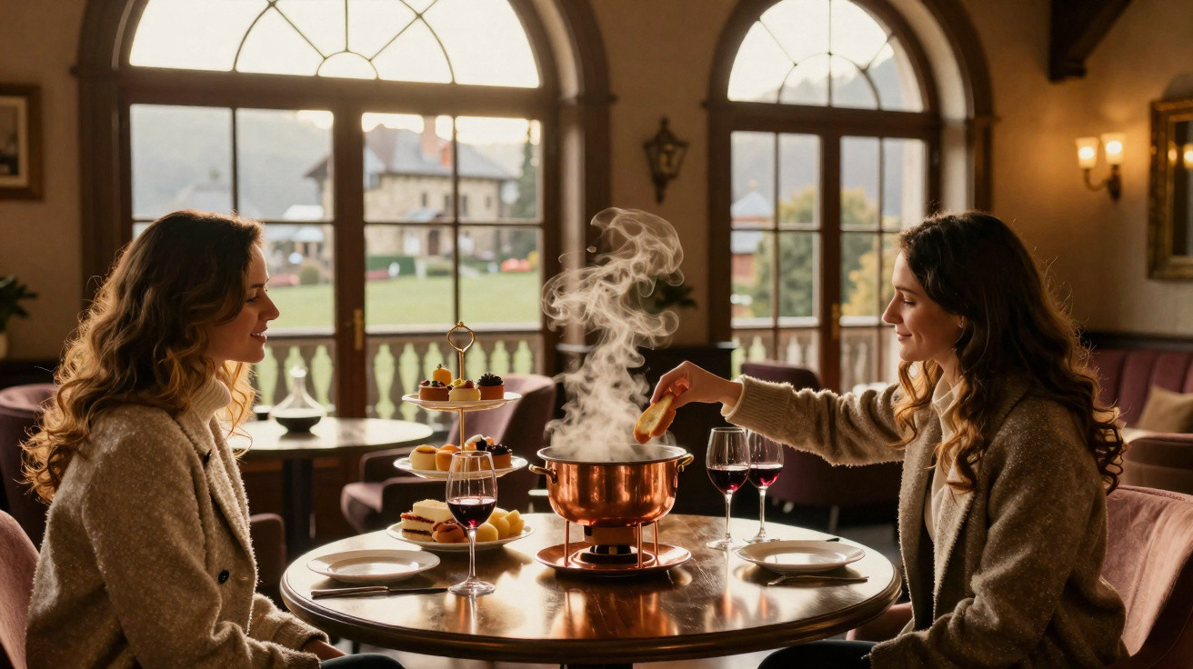 Duas mulheres a desfrutar de fondue num restaurante acolhedor com janelas grandes e luz natural suave.