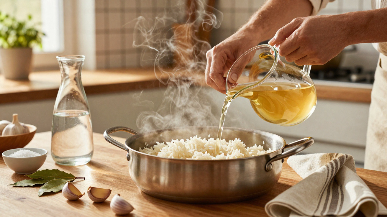 Pessoa a verter óleo numa panela com arroz recém-cozinhado numa cozinha iluminada.