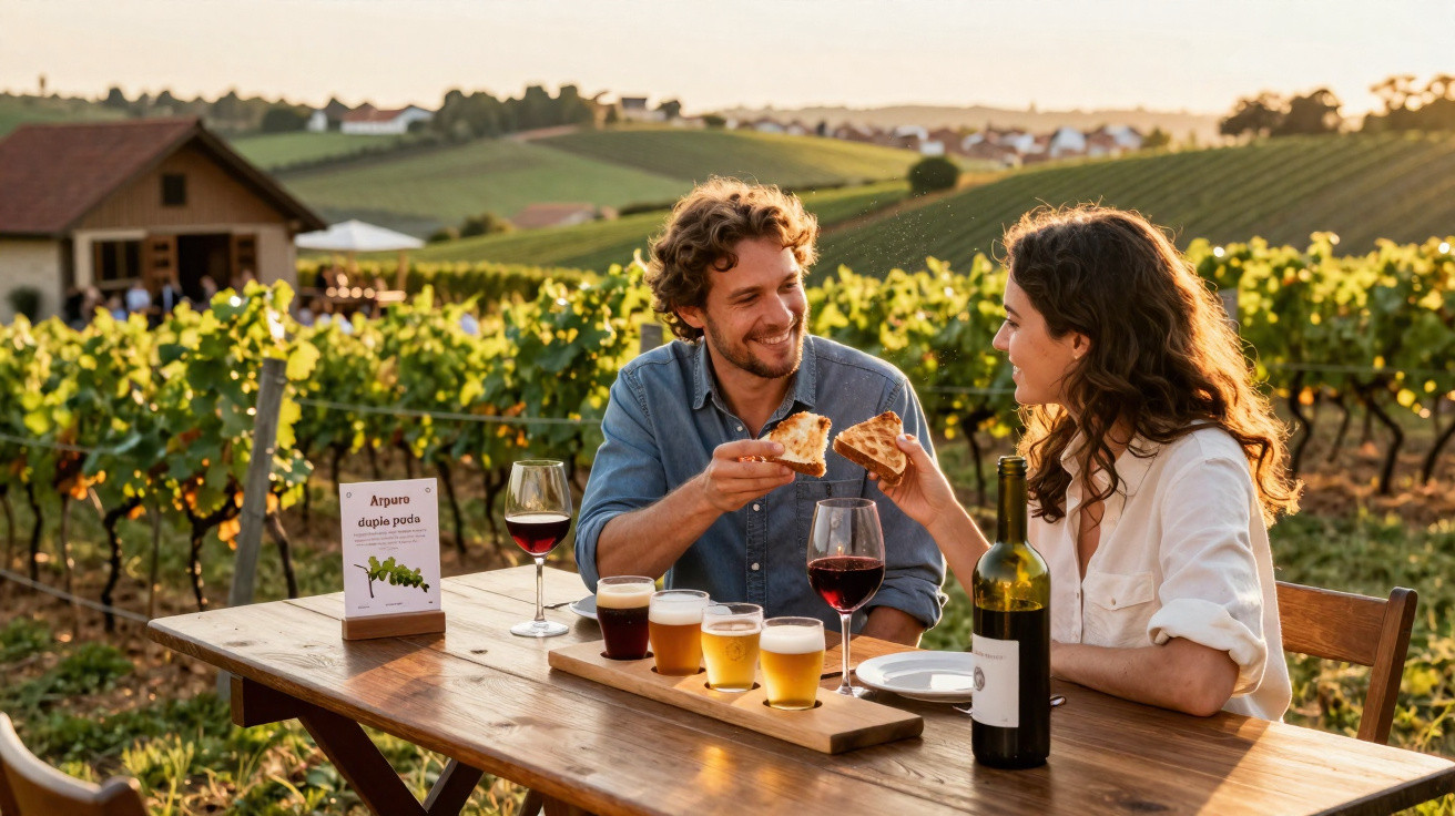 Casal a brindar com fatias de pizza numa mesa, com copos de vinho e cerveja, numa vinha ao pôr do sol.