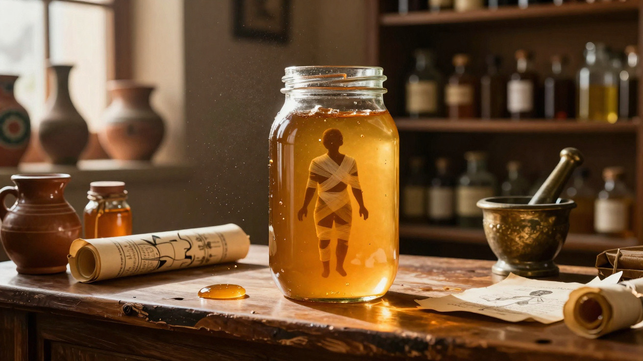 Frasco com líquido dourado contém pequena figura humana embrulhada como múmia sobre mesa com pergaminhos e utensílios antigos